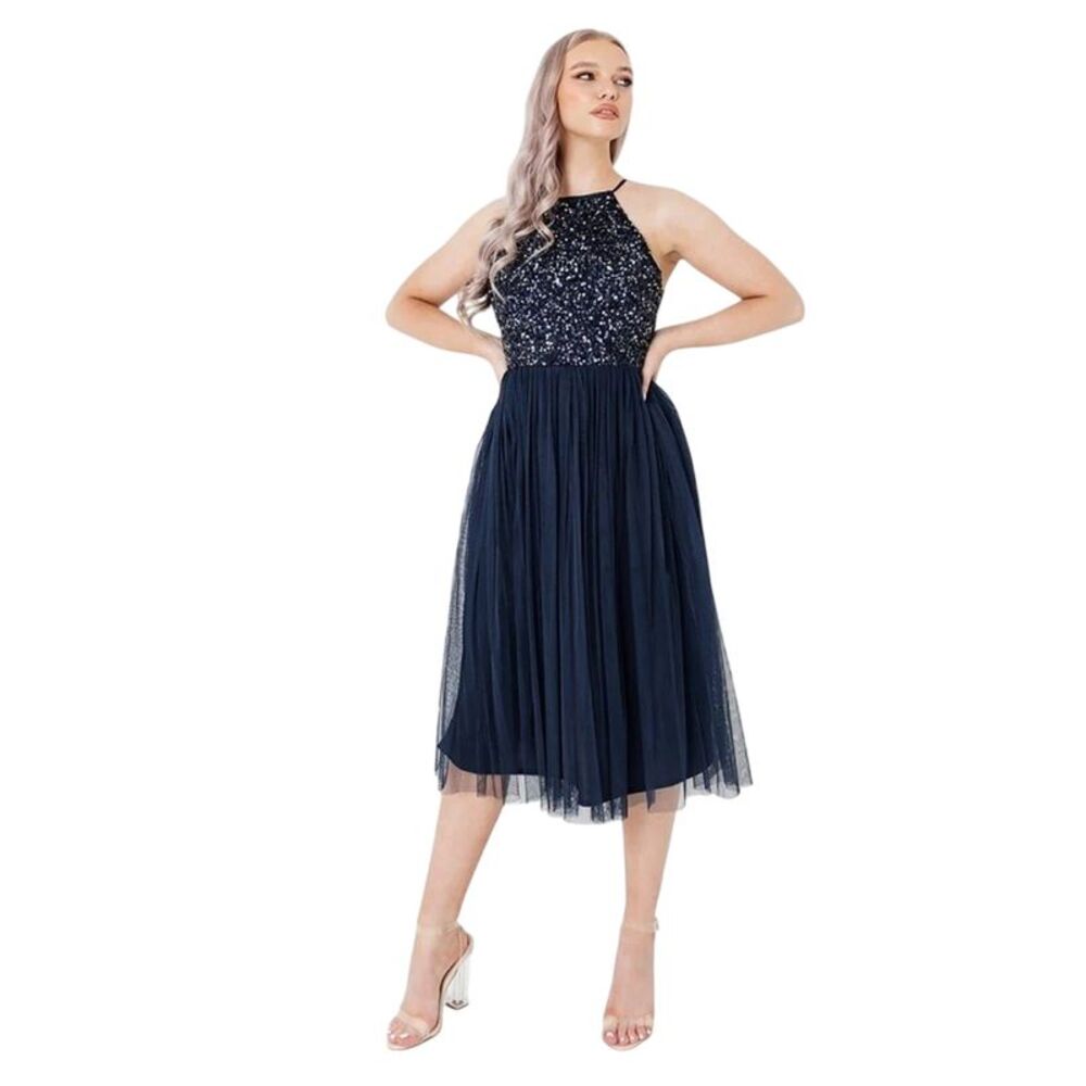 Deluxe Womens/Ladies Sequin Formal Midi Dress / Navy
